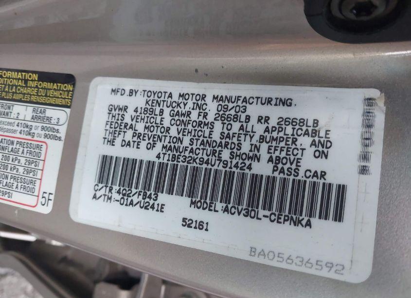 Photo 9 of 2004 Toyota Camry LE (VIN 4T1BE32K94U791424)