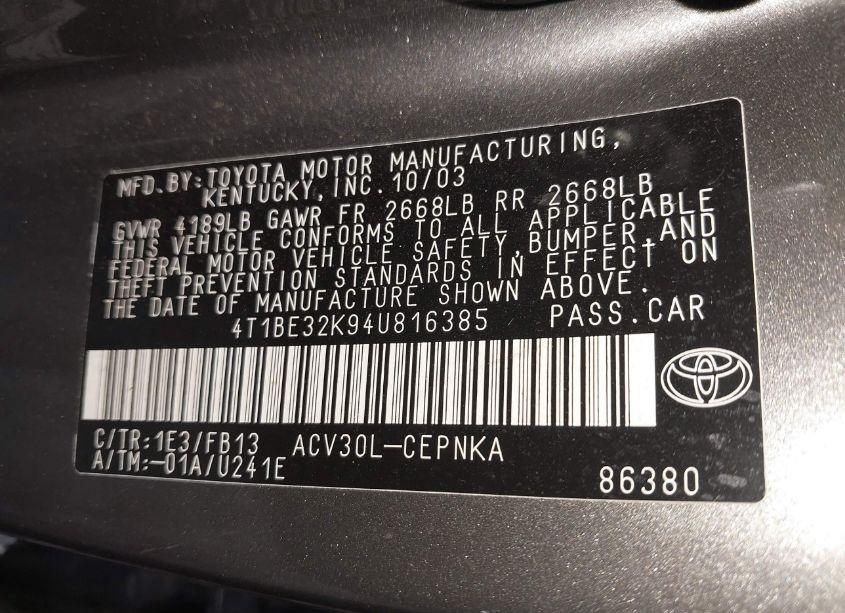 Photo 9 of 2004 Toyota Camry LE (VIN 4T1BE32K94U816385)