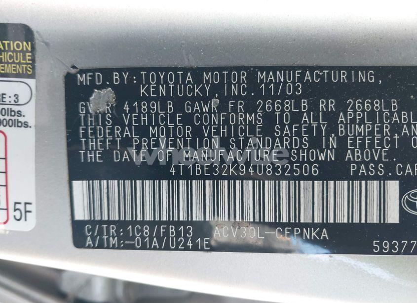 Photo 9 of 2004 Toyota Camry LE (VIN 4T1BE32K94U832506)