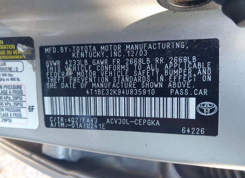 Photo 9 of 2004 Toyota Camry XLE (VIN 4T1BE32K94U835910)