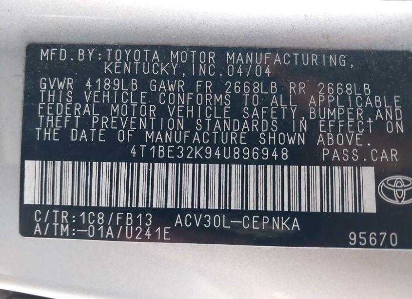 Photo 9 of 2004 Toyota Camry LE (VIN 4T1BE32K94U896948)