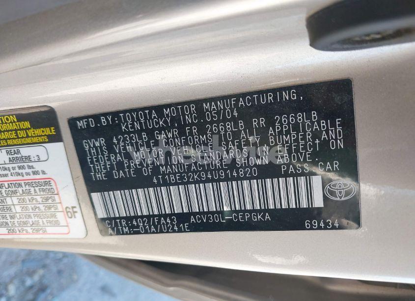 Photo 9 of 2004 Toyota Camry XLE (VIN 4T1BE32K94U914820)