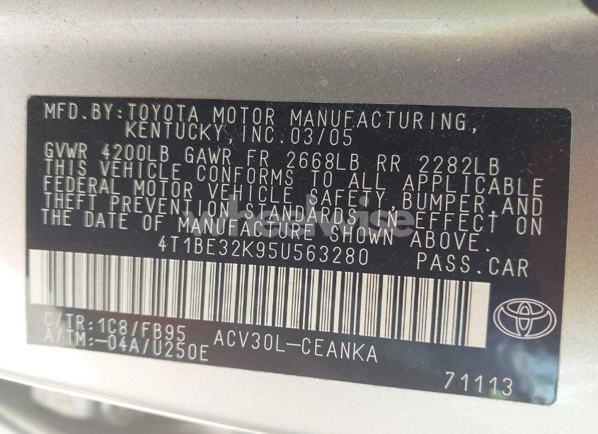 Photo 9 of 2005 Toyota Camry LE (VIN 4T1BE32K95U563280)