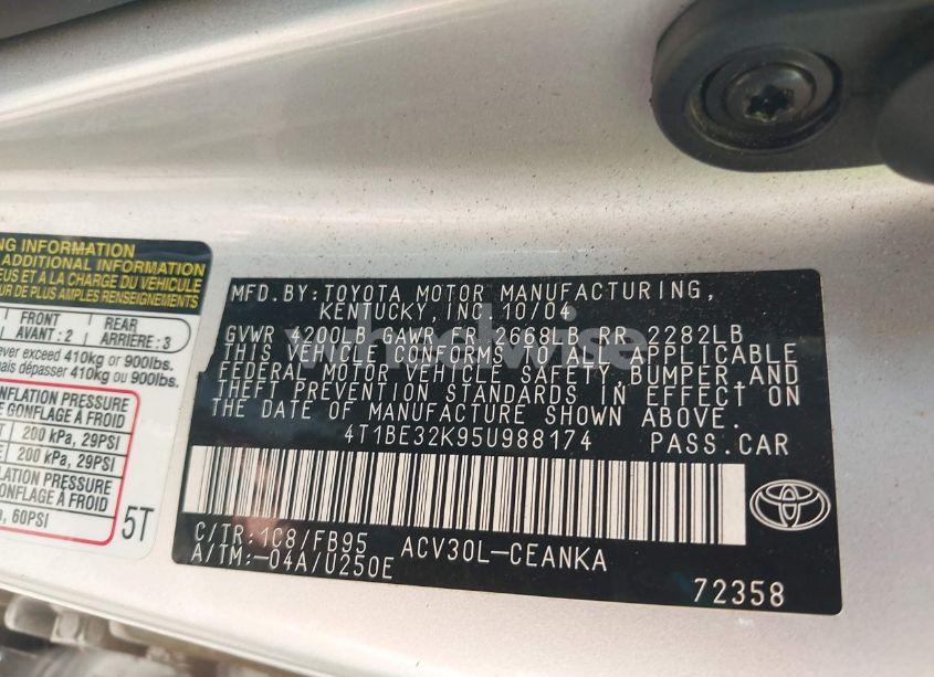 Photo 9 of 2005 Toyota Camry STD (VIN 4T1BE32K95U988174)