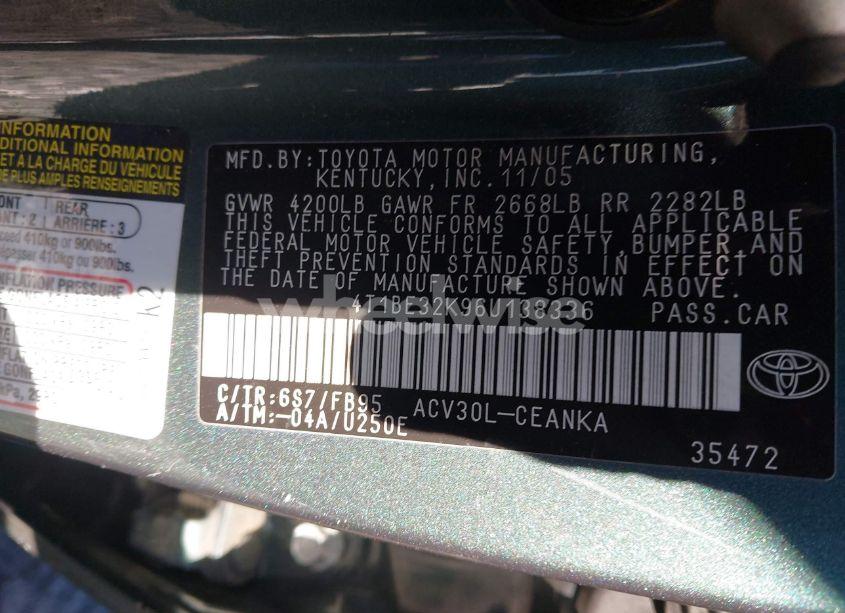 Photo 9 of 2006 Toyota Camry LE (VIN 4T1BE32K96U138336)