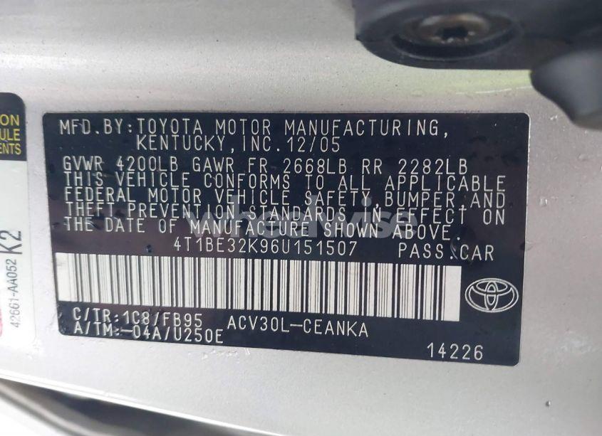 Photo 9 of 2006 Toyota Camry LE (VIN 4T1BE32K96U151507)