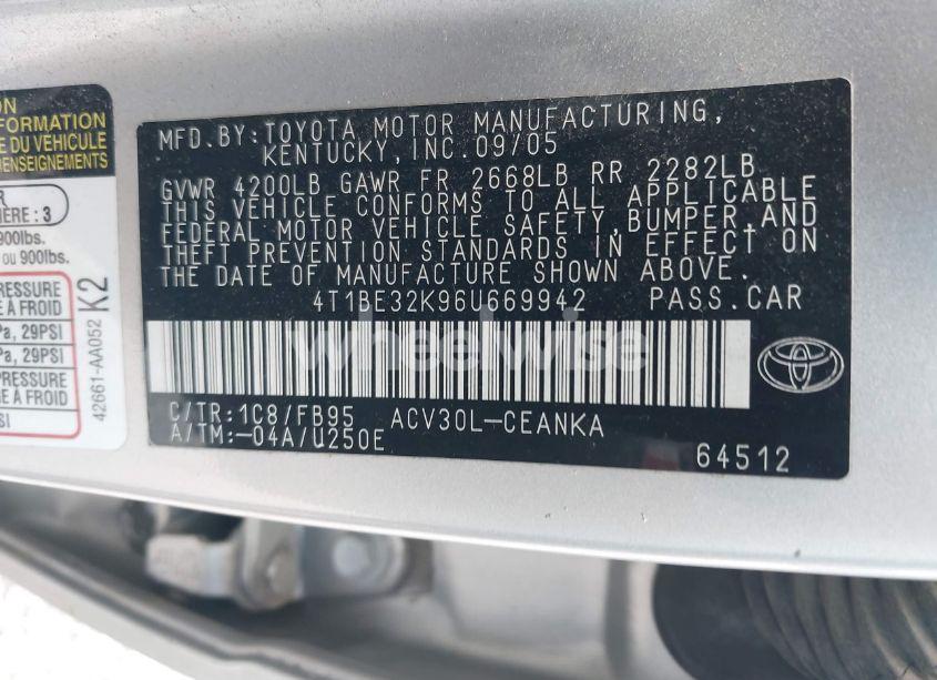 Photo 9 of 2006 Toyota Camry LE/SE/STD/XLE (VIN 4T1BE32K96U669942)