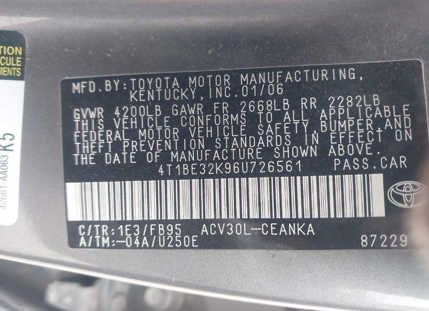 Photo 9 of 2006 Toyota Camry STD (VIN 4T1BE32K96U726561)