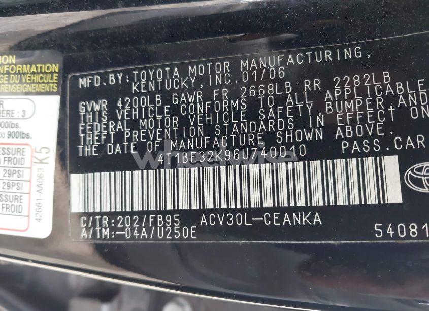 Photo 9 of 2006 Toyota Camry STD (VIN 4T1BE32K96U740010)