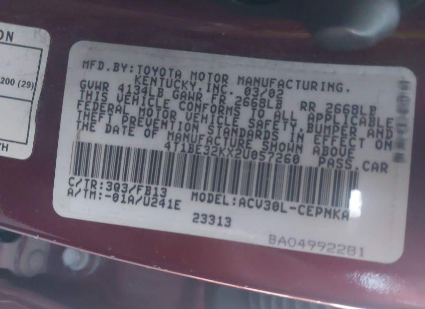 Photo 9 of 2002 Toyota Camry LE (VIN 4T1BE32KX2U057260)