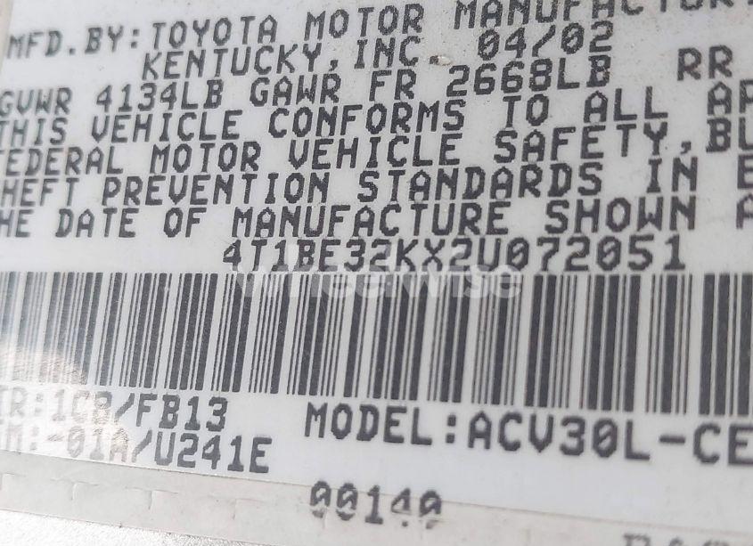 Photo 9 of 2002 Toyota Camry LE (VIN 4T1BE32KX2U072051)