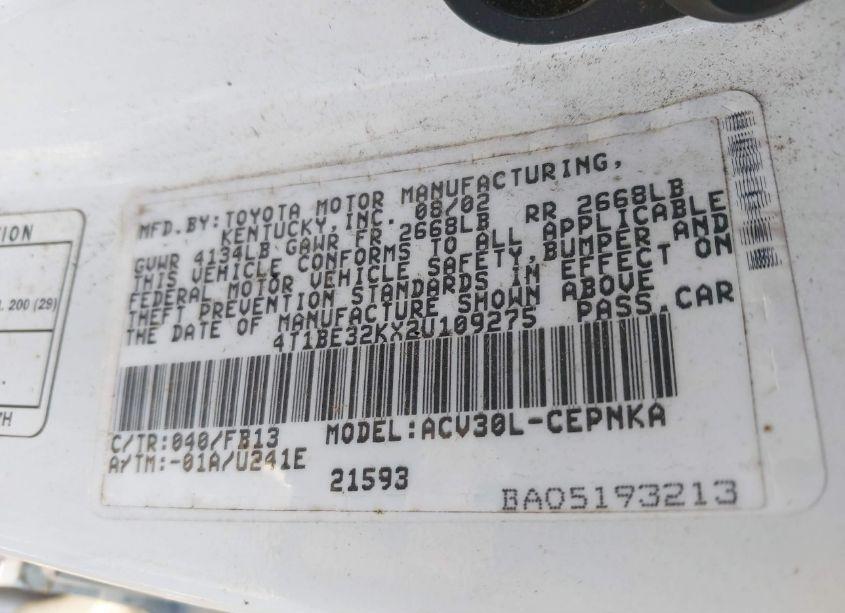 Photo 9 of 2002 Toyota Camry LE (VIN 4T1BE32KX2U109275)