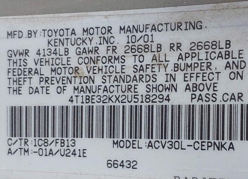 Photo 9 of 2002 Toyota Camry LE (VIN 4T1BE32KX2U518294)