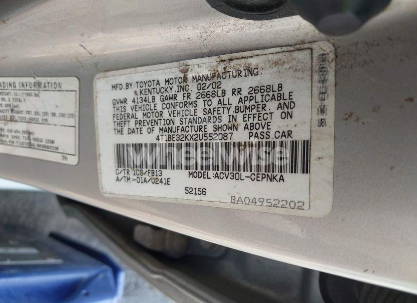 Photo 9 of 2002 Toyota Camry LE (VIN 4T1BE32KX2U552087)