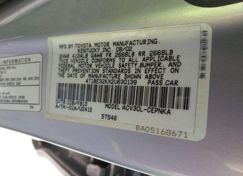 Photo 9 of 2002 Toyota Camry LE (VIN 4T1BE32KX2U630139)