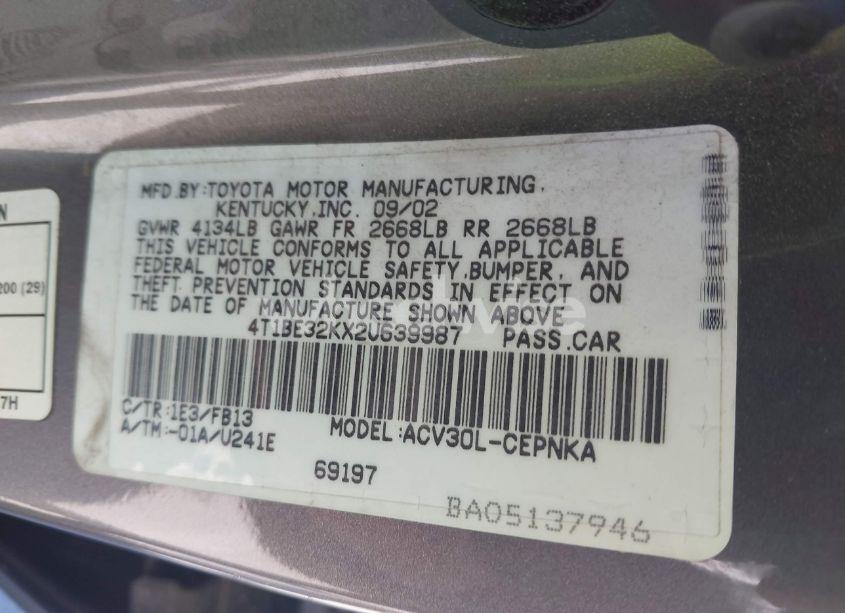 Photo 9 of 2002 Toyota Camry LE (VIN 4T1BE32KX2U639987)