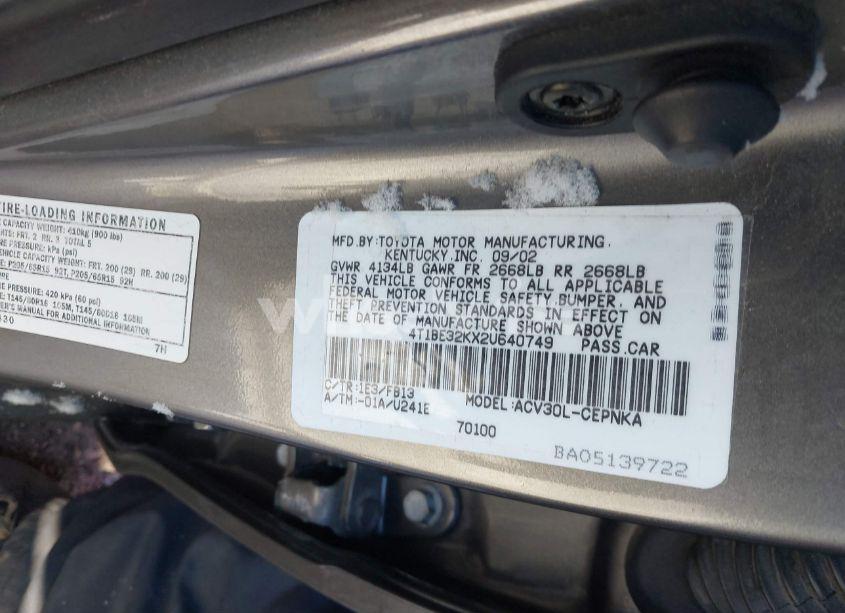 Photo 9 of 2002 Toyota Camry LE (VIN 4T1BE32KX2U640749)