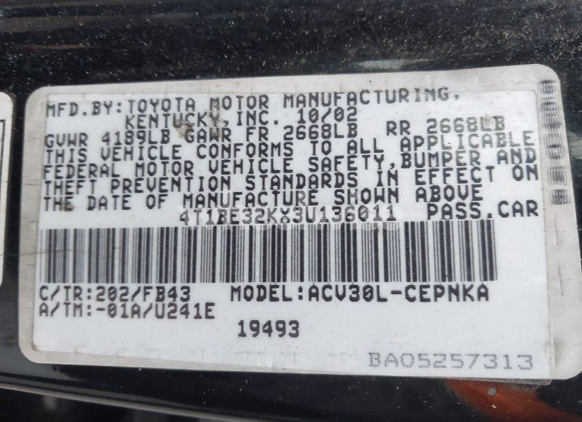 Photo 9 of 2003 Toyota Camry LE (VIN 4T1BE32KX3U136011)