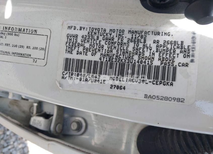 Photo 9 of 2003 Toyota Camry XLE (VIN 4T1BE32KX3U140415)