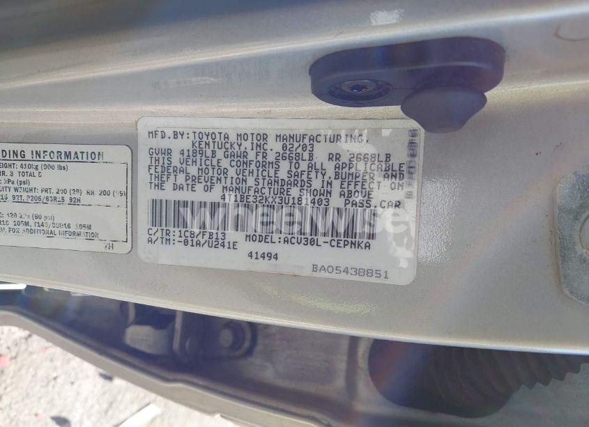 Photo 9 of 2003 Toyota Camry LE (VIN 4T1BE32KX3U181403)