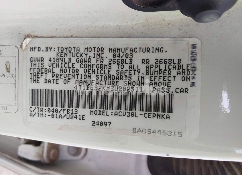 Photo 9 of 2003 Toyota Camry LE (VIN 4T1BE32KX3U202511)