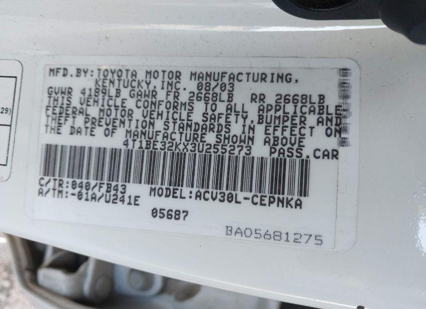 Photo 9 of 2003 Toyota Camry LE (VIN 4T1BE32KX3U255273)