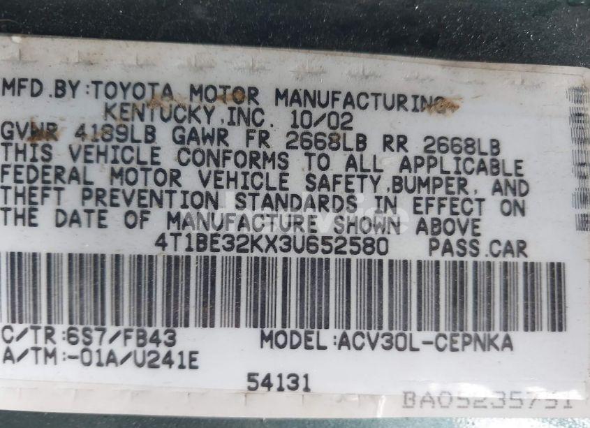 Photo 9 of 2003 Toyota Camry LE/SE/XLE (VIN 4T1BE32KX3U652580)