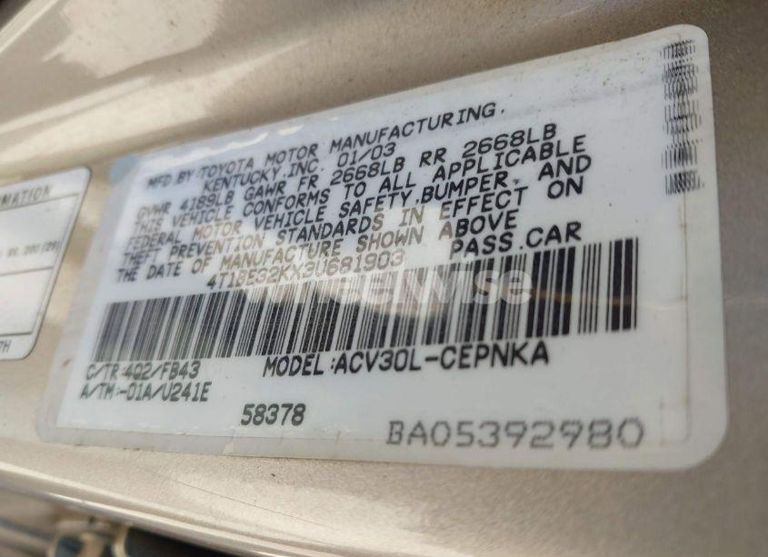 Photo 9 of 2003 Toyota Camry LE (VIN 4T1BE32KX3U681903)