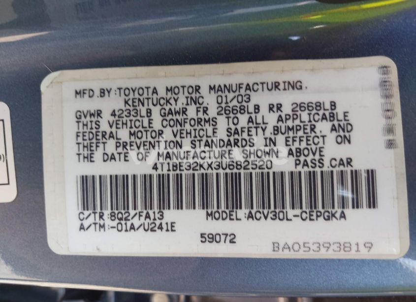 Photo 9 of 2003 Toyota Camry XLE (VIN 4T1BE32KX3U682520)