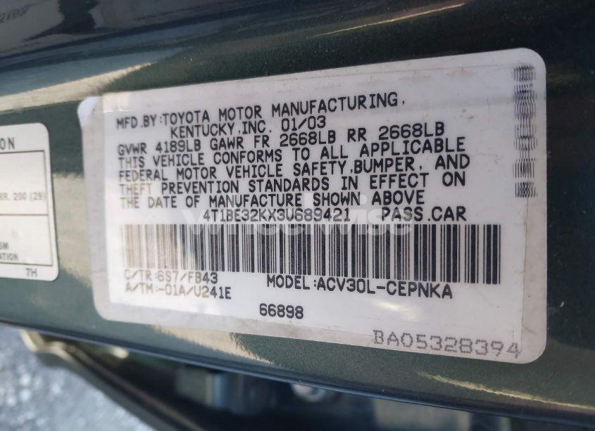 Photo 9 of 2003 Toyota Camry LE/XLE/SE (VIN 4T1BE32KX3U689421)
