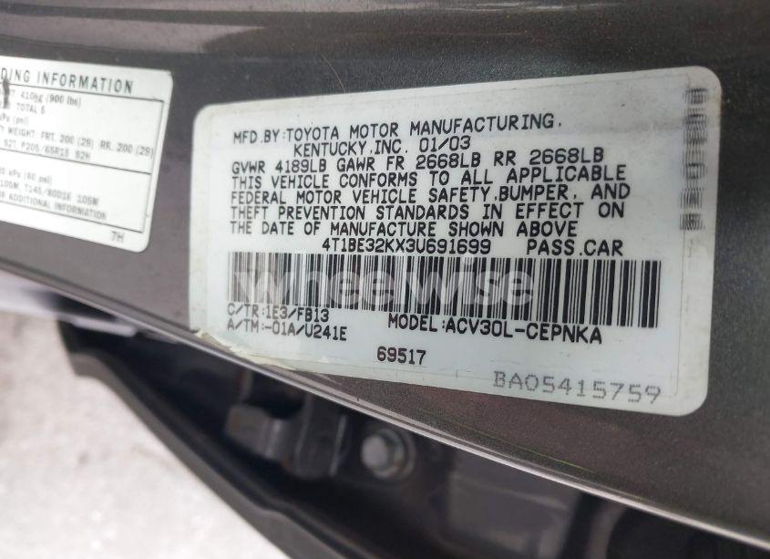 Photo 9 of 2003 Toyota Camry LE (VIN 4T1BE32KX3U691699)