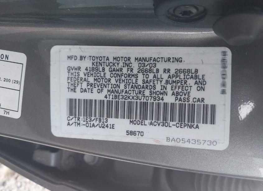 Photo 9 of 2003 Toyota Camry LE (VIN 4T1BE32KX3U707934)