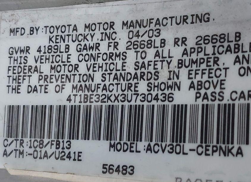 Photo 9 of 2003 Toyota Camry LE (VIN 4T1BE32KX3U730436)