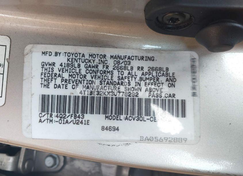 Photo 9 of 2003 Toyota Camry LE (VIN 4T1BE32KX3U778292)