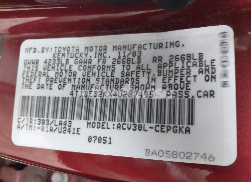 Photo 9 of 2004 Toyota Camry XLE (VIN 4T1BE32KX4U287495)