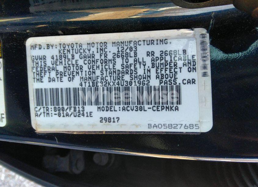 Photo 9 of 2004 Toyota Camry LE/XLE/SE (VIN 4T1BE32KX4U301962)