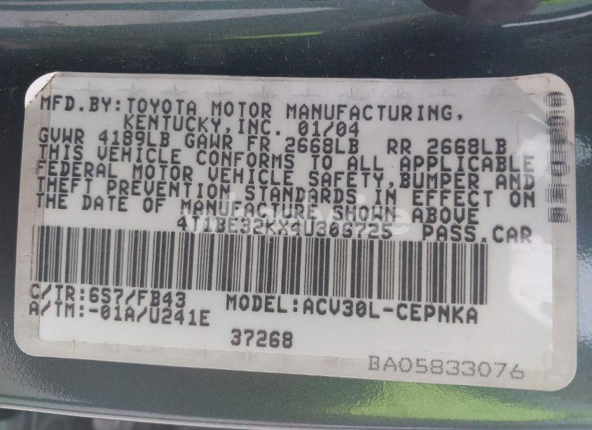 Photo 9 of 2004 Toyota Camry LE (VIN 4T1BE32KX4U306725)