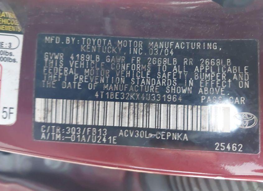 Photo 9 of 2004 Toyota Camry LE (VIN 4T1BE32KX4U331964)