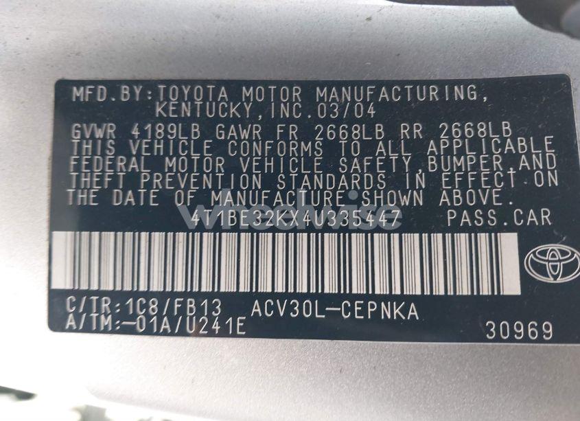 Photo 9 of 2004 Toyota Camry LE (VIN 4T1BE32KX4U335447)