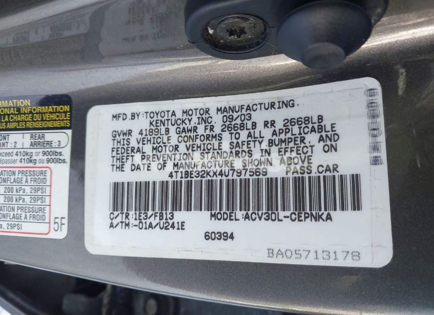 Photo 9 of 2004 Toyota Camry LE (VIN 4T1BE32KX4U797569)