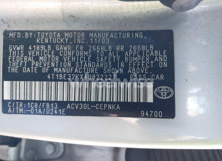 Photo 9 of 2004 Toyota Camry LE (VIN 4T1BE32KX4U822227)