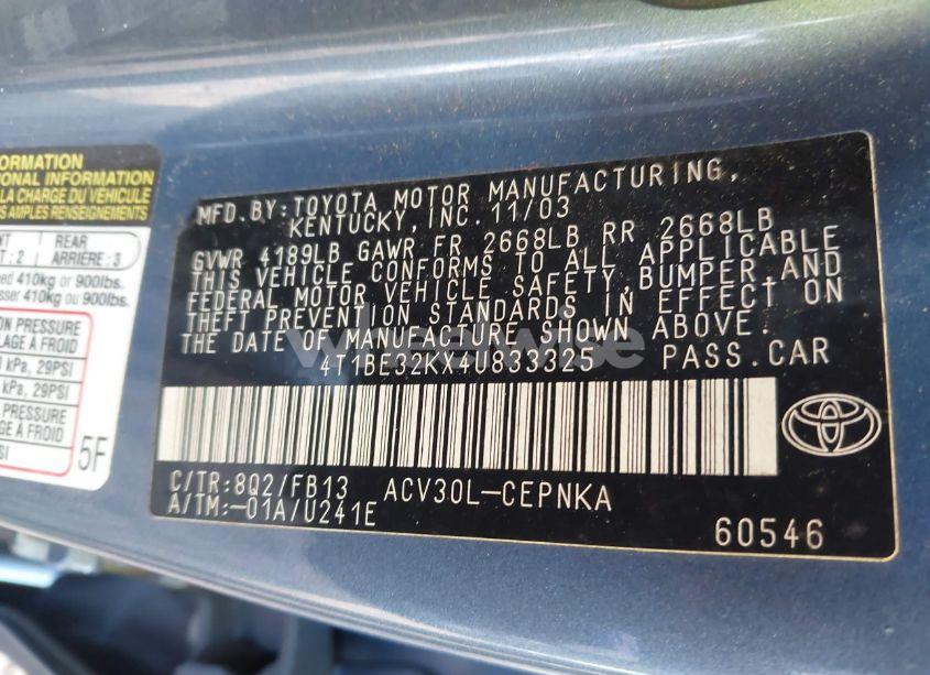 Photo 9 of 2004 Toyota Camry LE (VIN 4T1BE32KX4U833325)