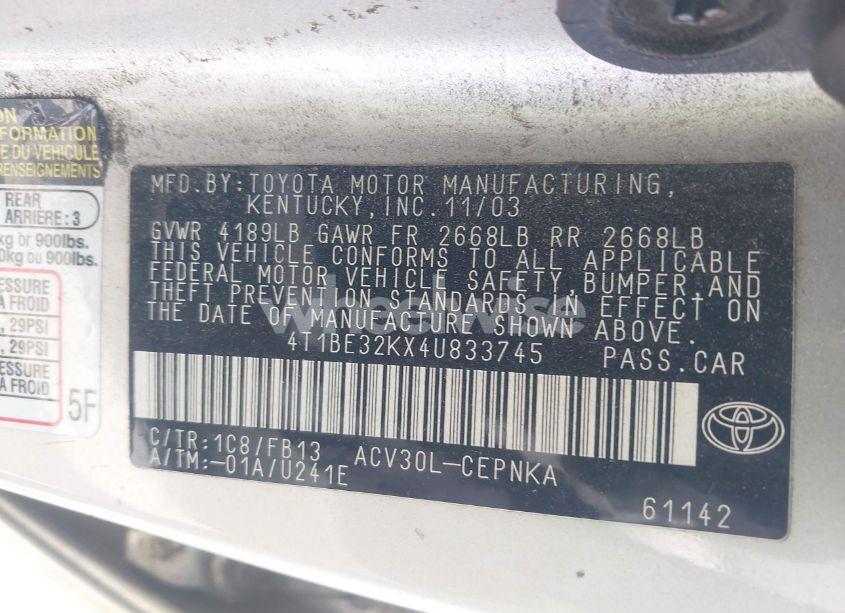 Photo 9 of 2004 Toyota Camry LE (VIN 4T1BE32KX4U833745)