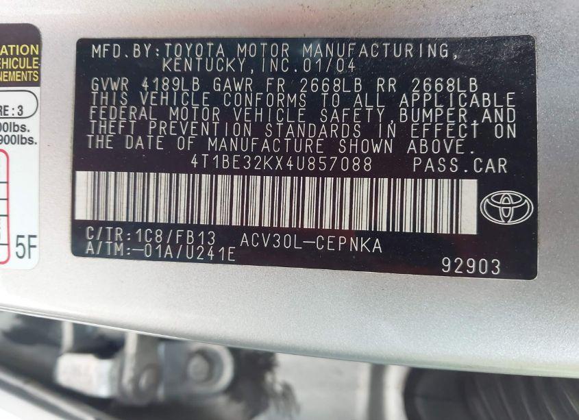 Photo 9 of 2004 Toyota Camry LE (VIN 4T1BE32KX4U857088)