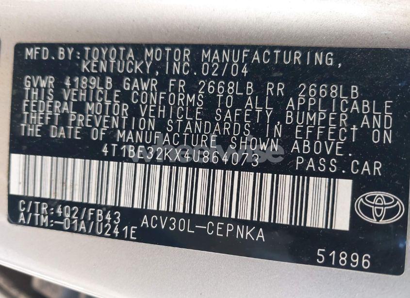 Photo 9 of 2004 Toyota Camry LE (VIN 4T1BE32KX4U864073)