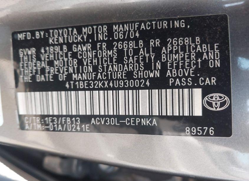 Photo 9 of 2004 Toyota Camry LE (VIN 4T1BE32KX4U930024)