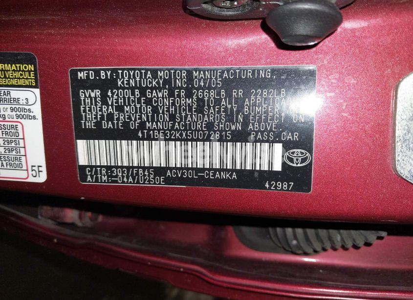 Photo 9 of 2005 Toyota Camry LE (VIN 4T1BE32KX5U072815)