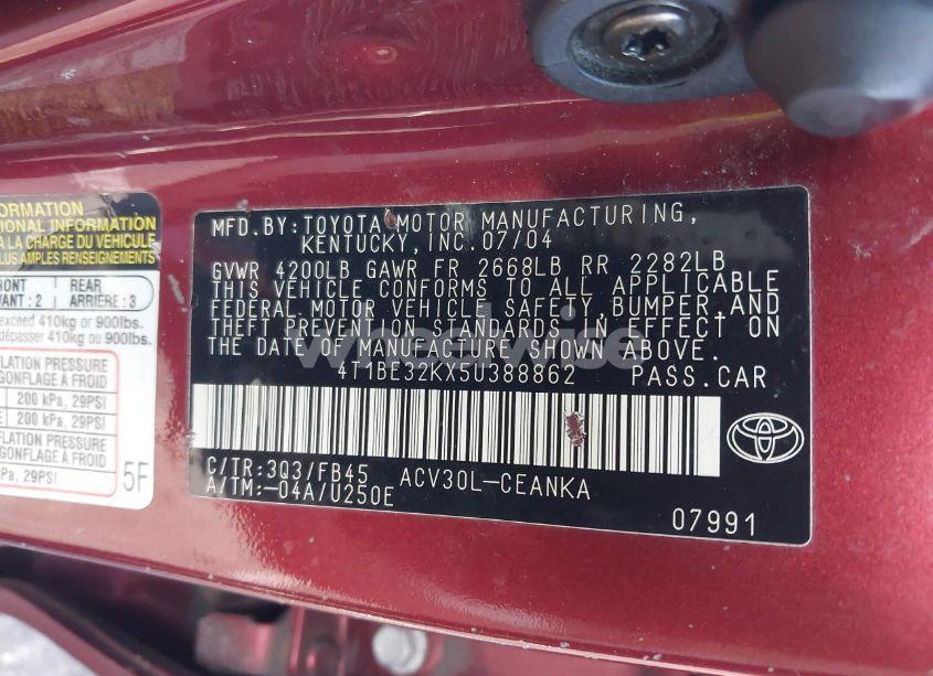 Photo 9 of 2005 Toyota Camry LE (VIN 4T1BE32KX5U388862)