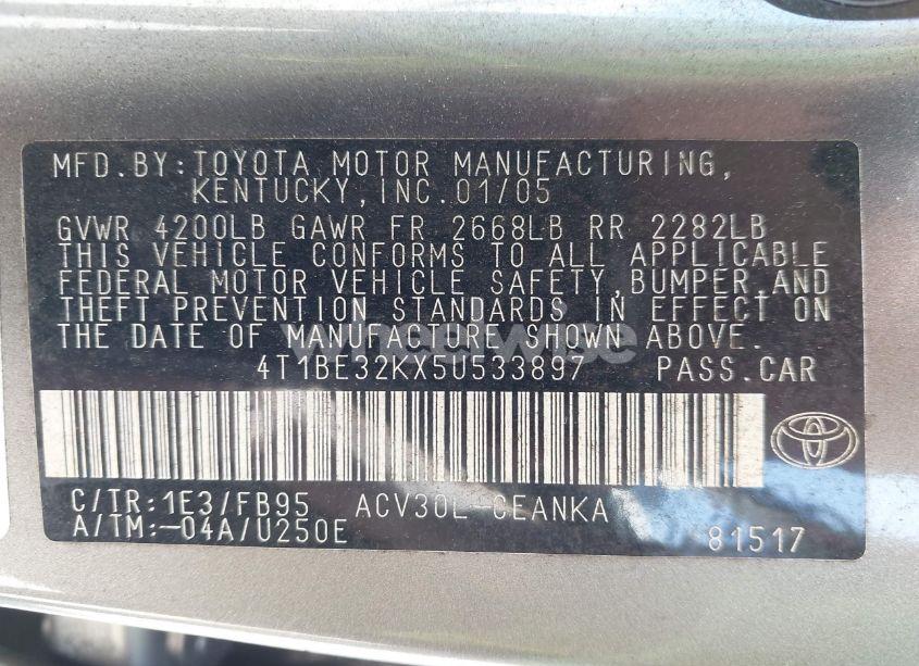 Photo 9 of 2005 Toyota Camry LE (VIN 4T1BE32KX5U533897)