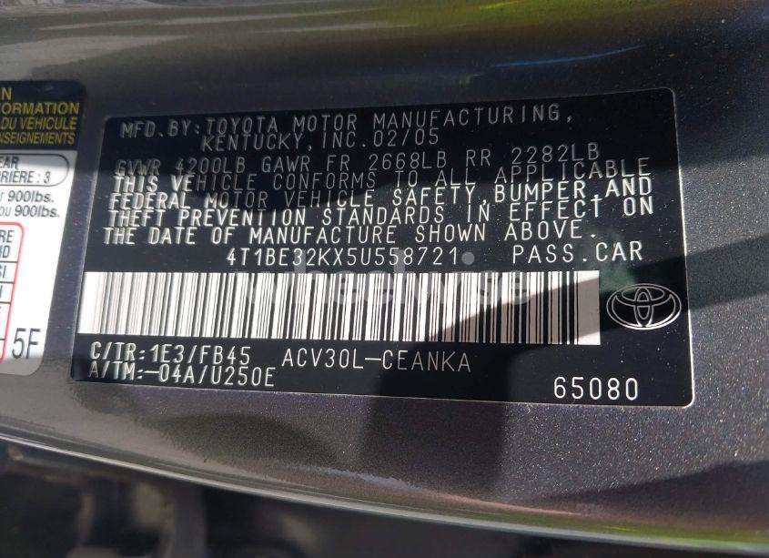 Photo 9 of 2005 Toyota Camry LE (VIN 4T1BE32KX5U558721)